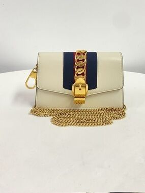 Gucci Sylvie Mini Chain Cream Leather Crossbody with Navy and Red Web Stripe
